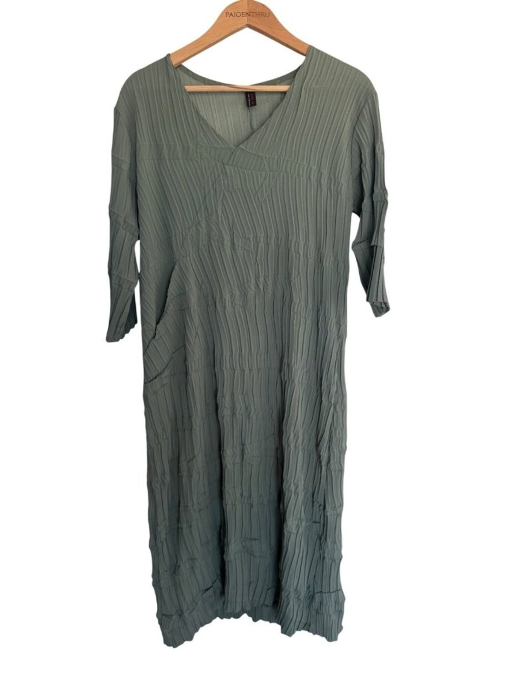 Babette San Francisco Women XL Green Crinkled Midi Dress Lagenlook Pockets